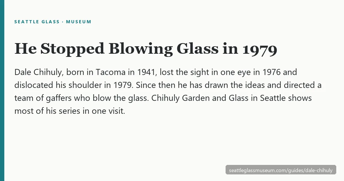Dale Chihuly fact card: born in Tacoma in 1941, he has directed a team of glassblowers since a 1979 shoulder injury