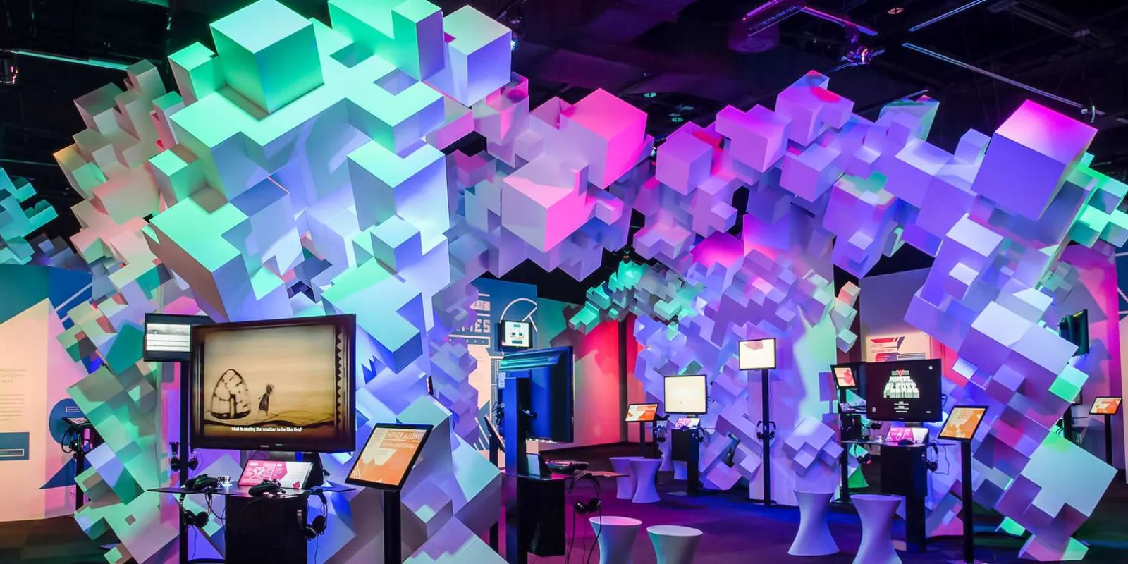 The pixelated light sculpture and gallery interior at the Museum of Pop Culture